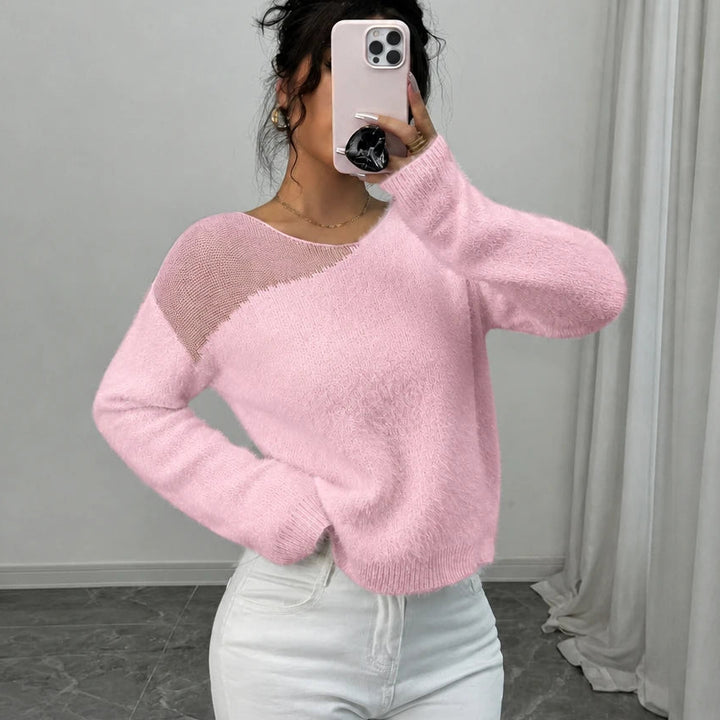 Veloura – Sheer-Shoulder Faux-Mink Sweater