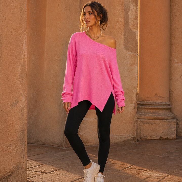Veluna – Side-Slit Off-Shoulder Tunic Blouse