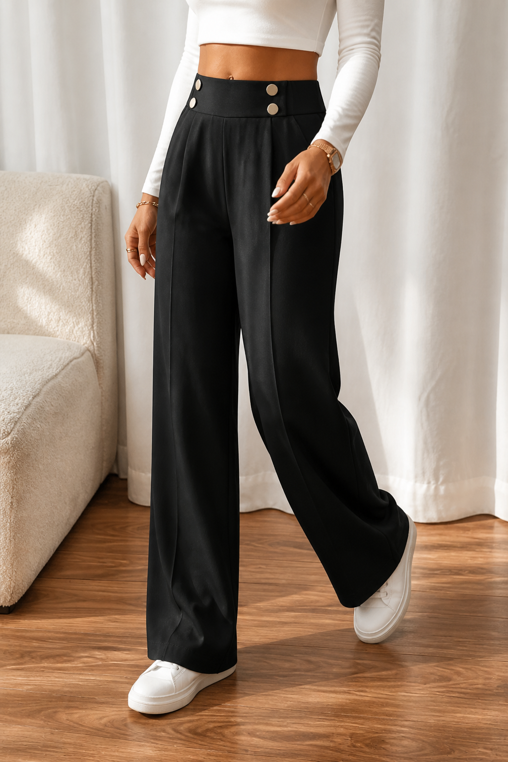 Wearbella – Metallic-Button Wide-Leg High-Waist Trousers
