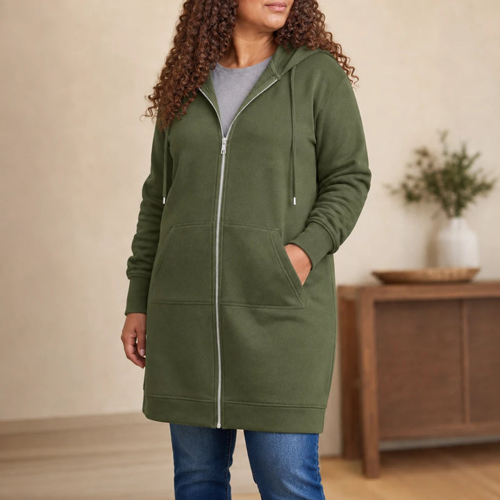 Cozyline – Knee-Length Fleece-Lined Zip-Up Hoodie