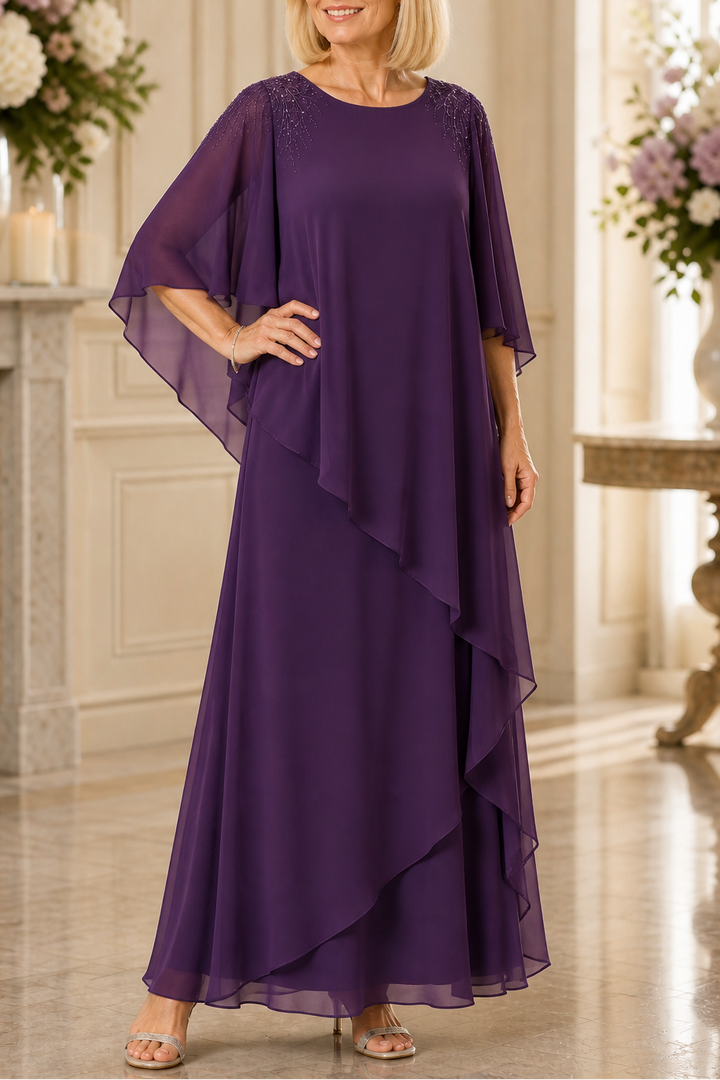 Vellamora – Cape Sleeve Layered Chiffon-Look Evening Gown
