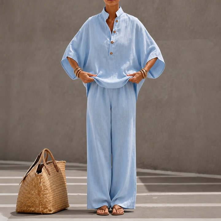 Wearlinne – Stand Collar Batwing Sleeve Linen Set