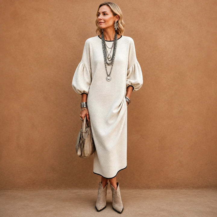 Vivelyn – Textured Knit Puff Sleeve Midi Dress