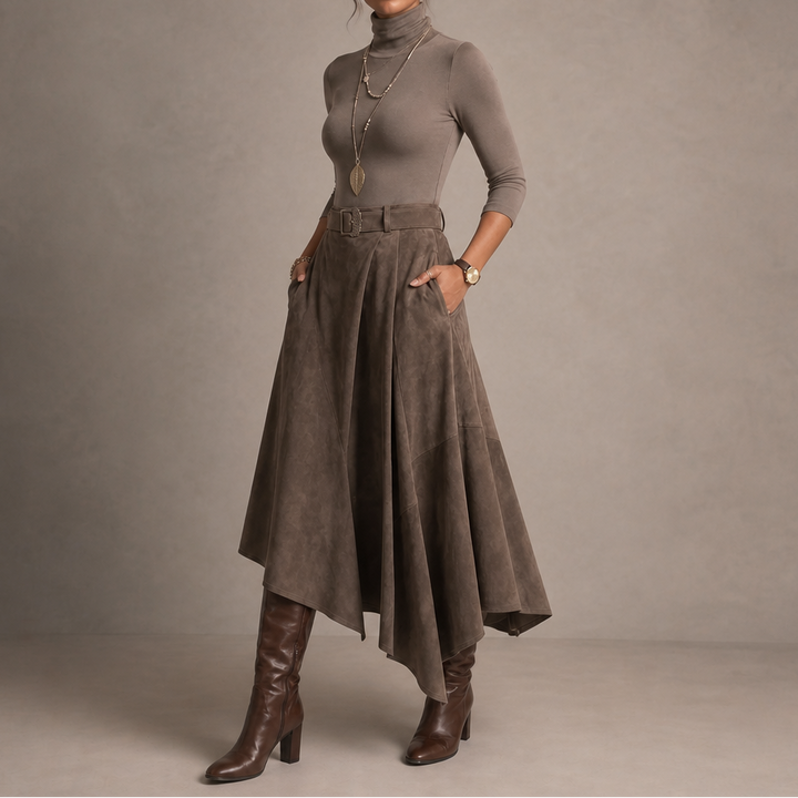 Sienna Fold – Asymmetrical Pleated Faux-Suede Skirt Set