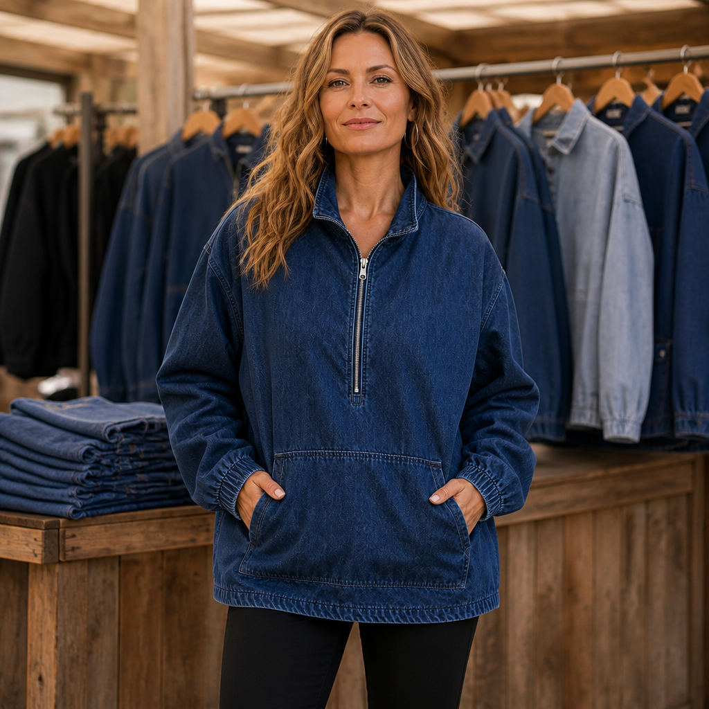 Half-Zip Haven – Washed Denim Half-Zip Pullover