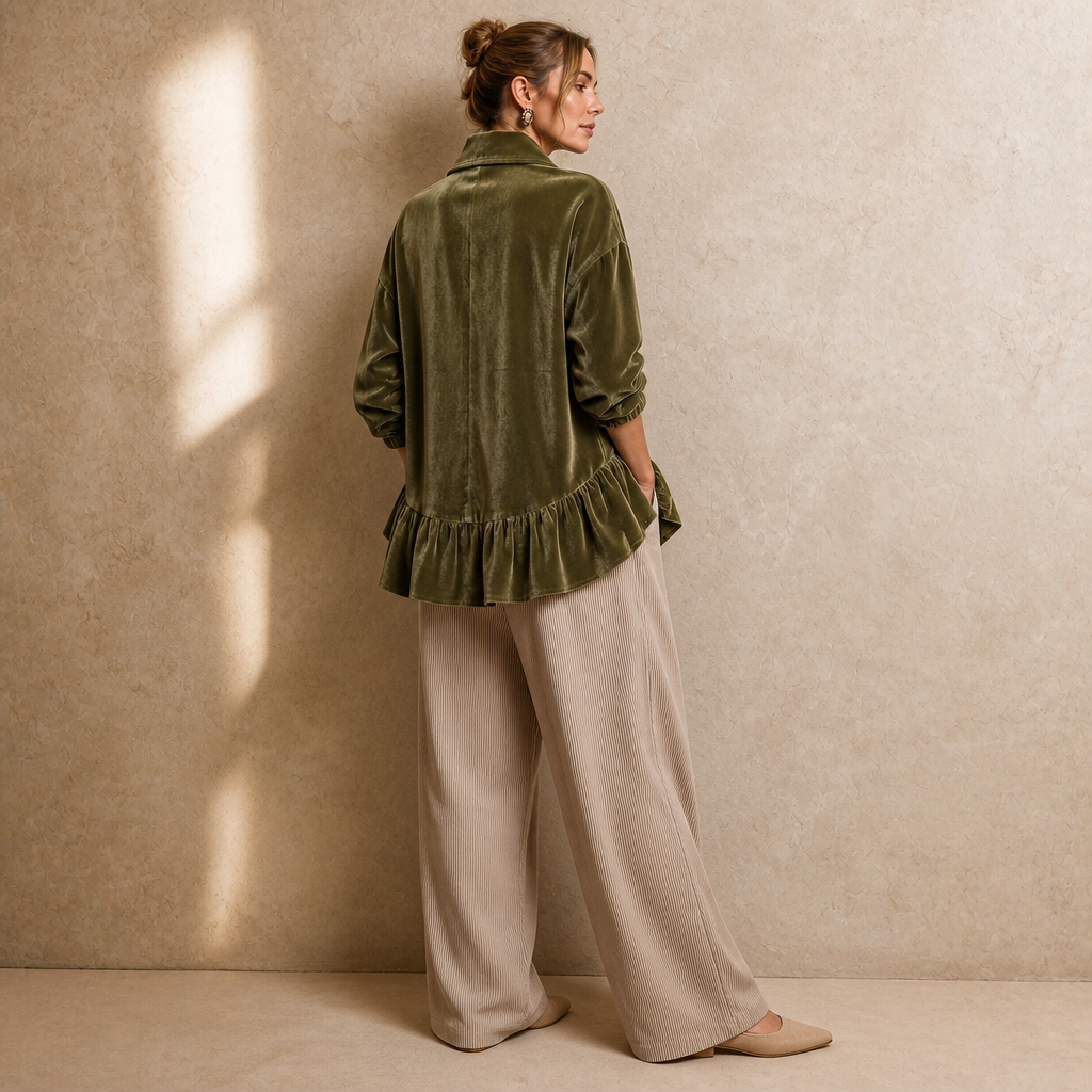 Velvetta – Asymmetric Button Cowl-Neck Peplum Top