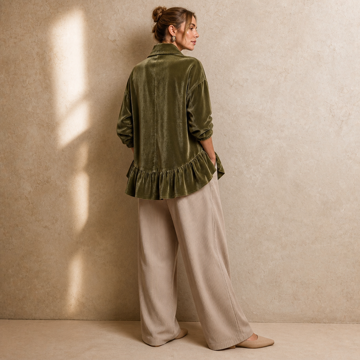 Velvetta – Asymmetric Button Cowl-Neck Peplum Top