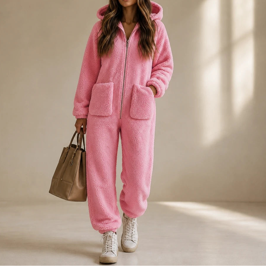 Cozyline – Hooded Zip-Front Straight-Leg Jumpsuit