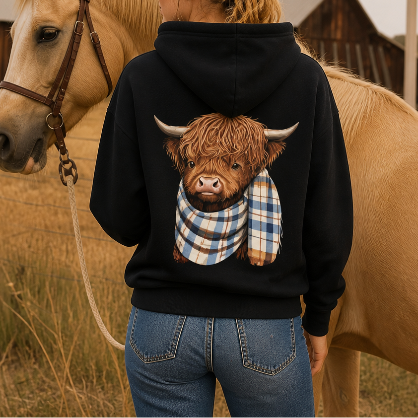 Highland Hearth – Fleece-Lined Highland Cow Graphic Hoodie