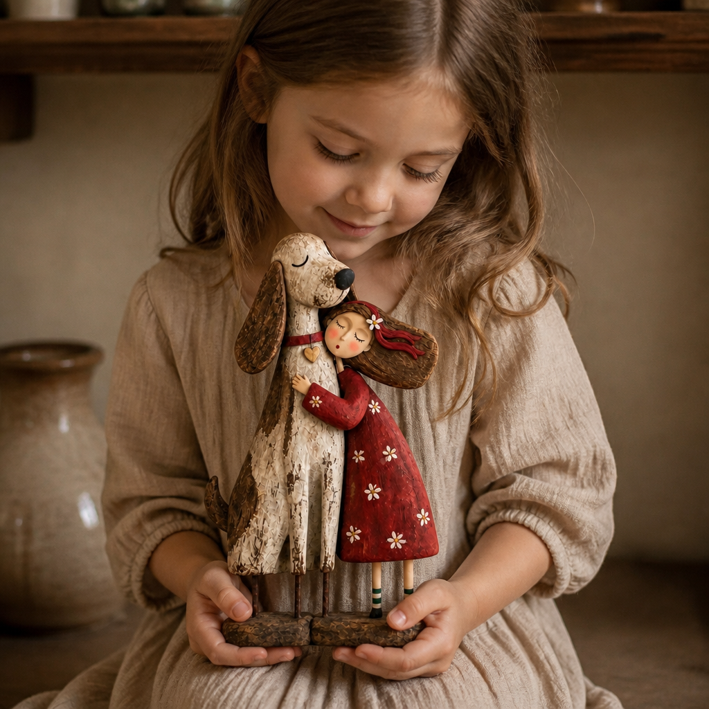 Wearbella – Distressed Resin Girl Hugging Pet Figurine