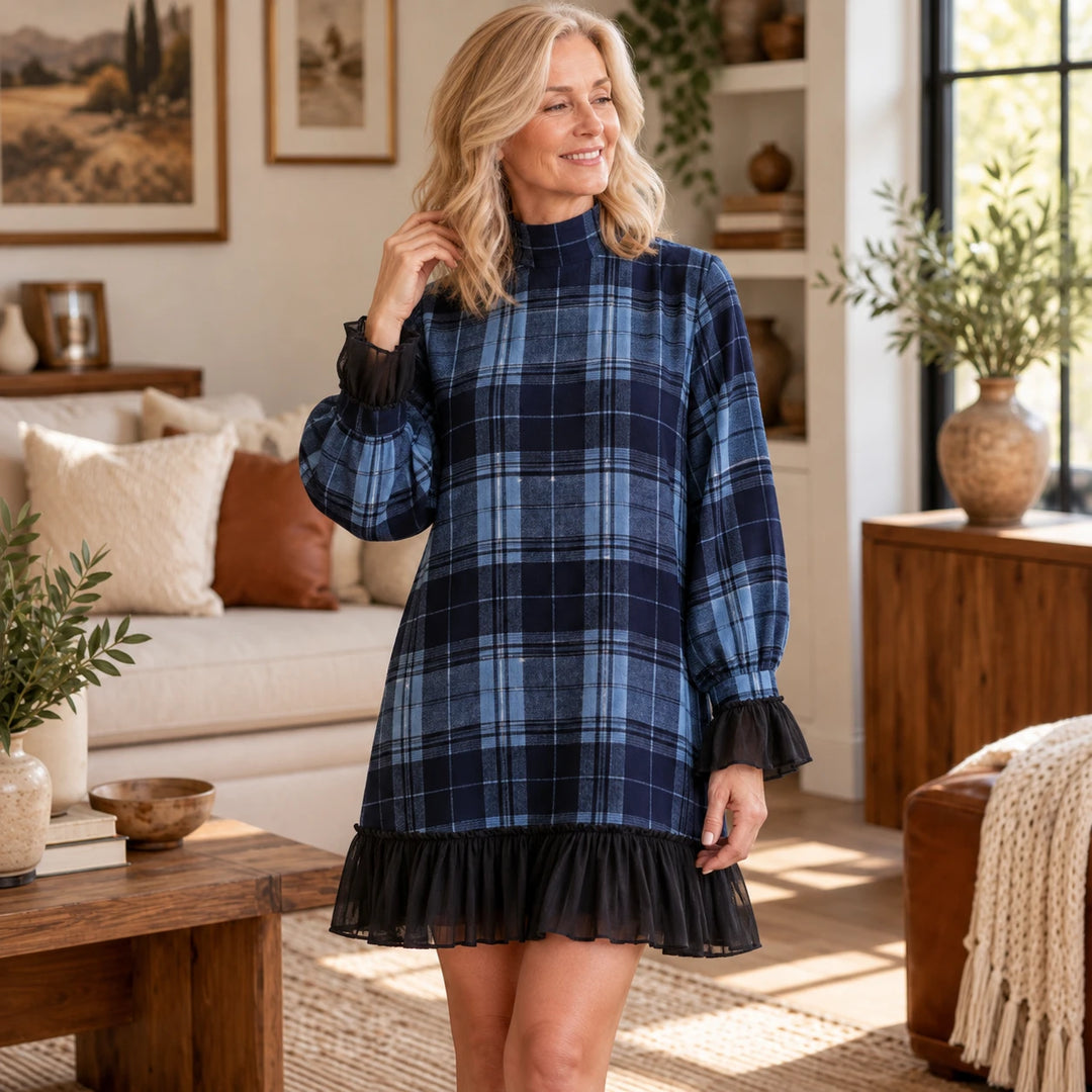 Plaidelle – Plaid A-Line Mini Dress With Mesh Ruffles