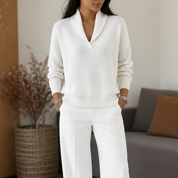 Antonia – Draped Shawl-Collar V-Neck Sweater