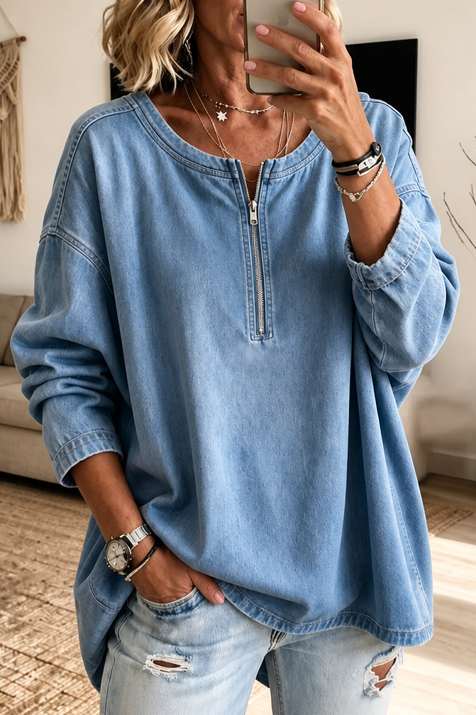 Zipdenim – Half-Zip Denim-Look Blouse
