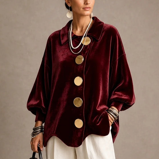 Velvara – Gold Button Velvet-Look Blouse
