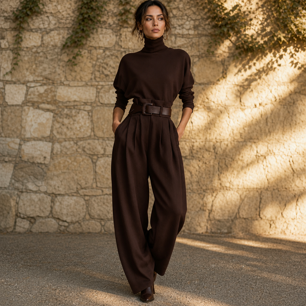 Poisevera – Belted High-Waist Turtleneck And Trouser Set