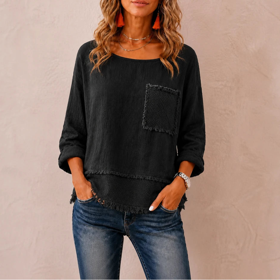 Marlowe – Crinkle-Textured Frayed-Trim Tunic Top
