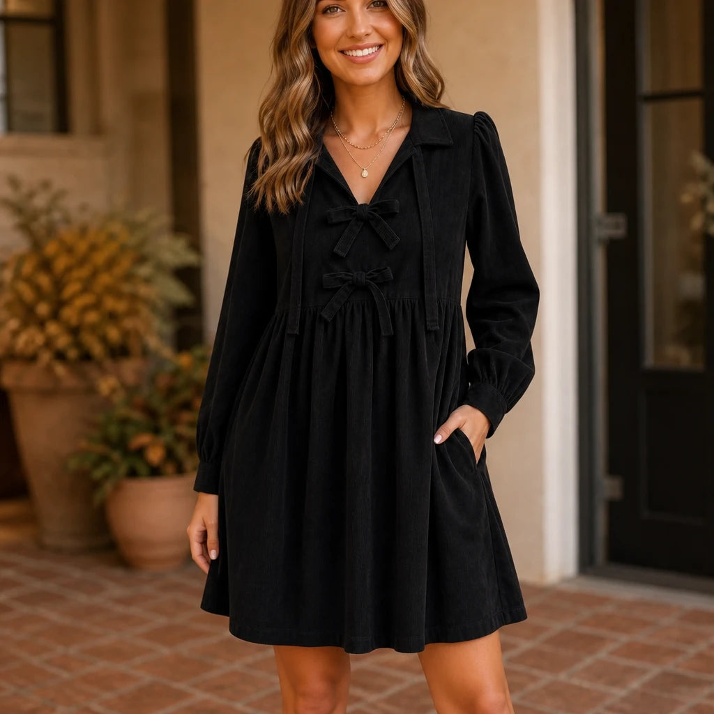 Cordelia – Bow-Front Corduroy-Look Babydoll Dress