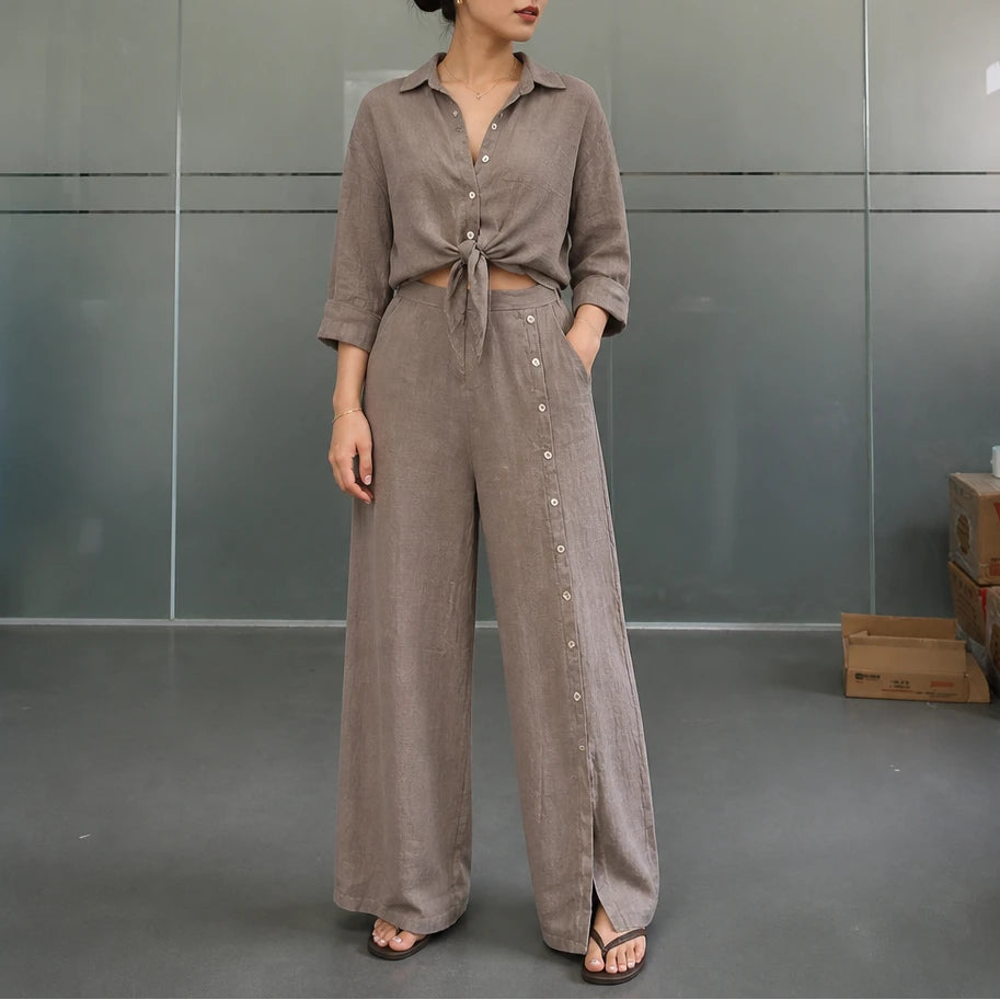 Linenova – Oversized Cotton-Linen Shirt And Wide-Leg Pants Set