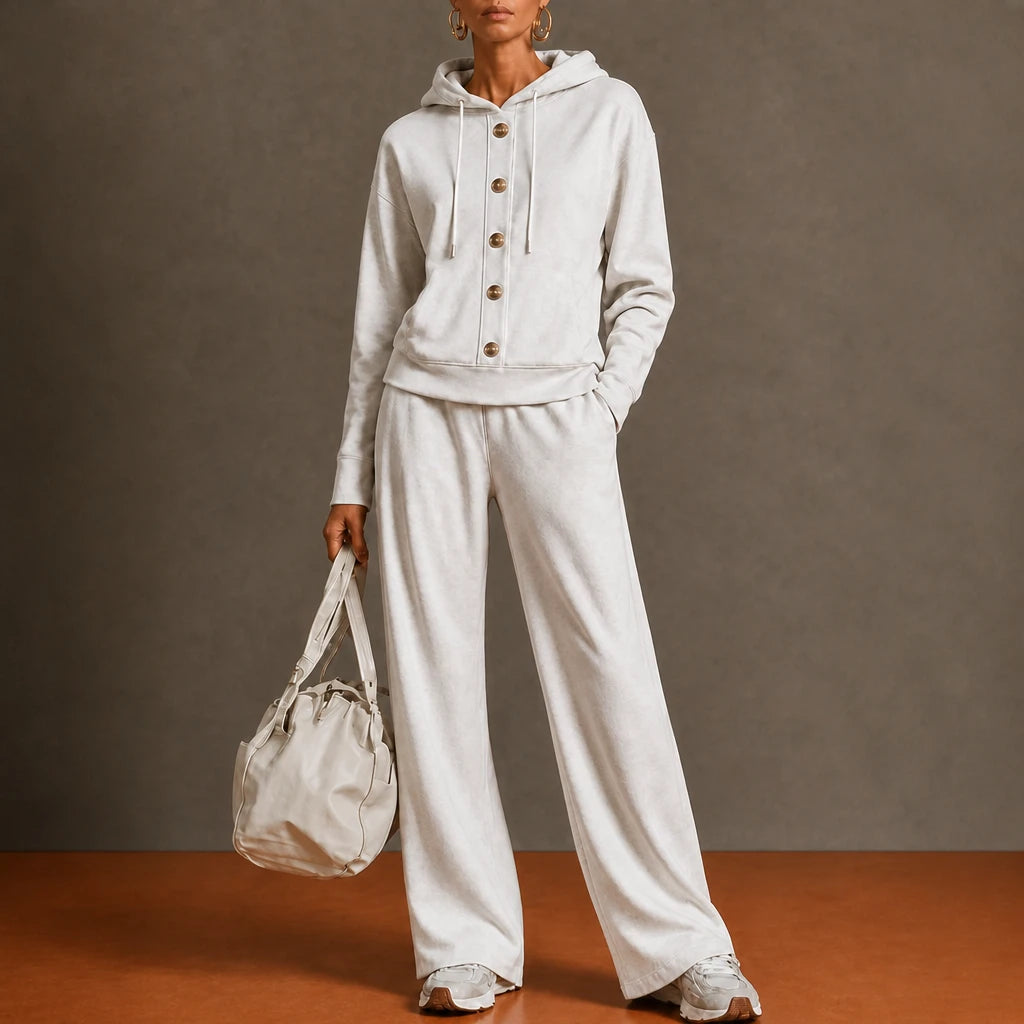 French Terry Button-Front Hoodie And Wide-Leg Sweatpants Set