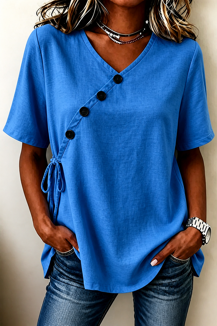 Wearbella – Side-Tie Diagonal-Button V-Neck Top