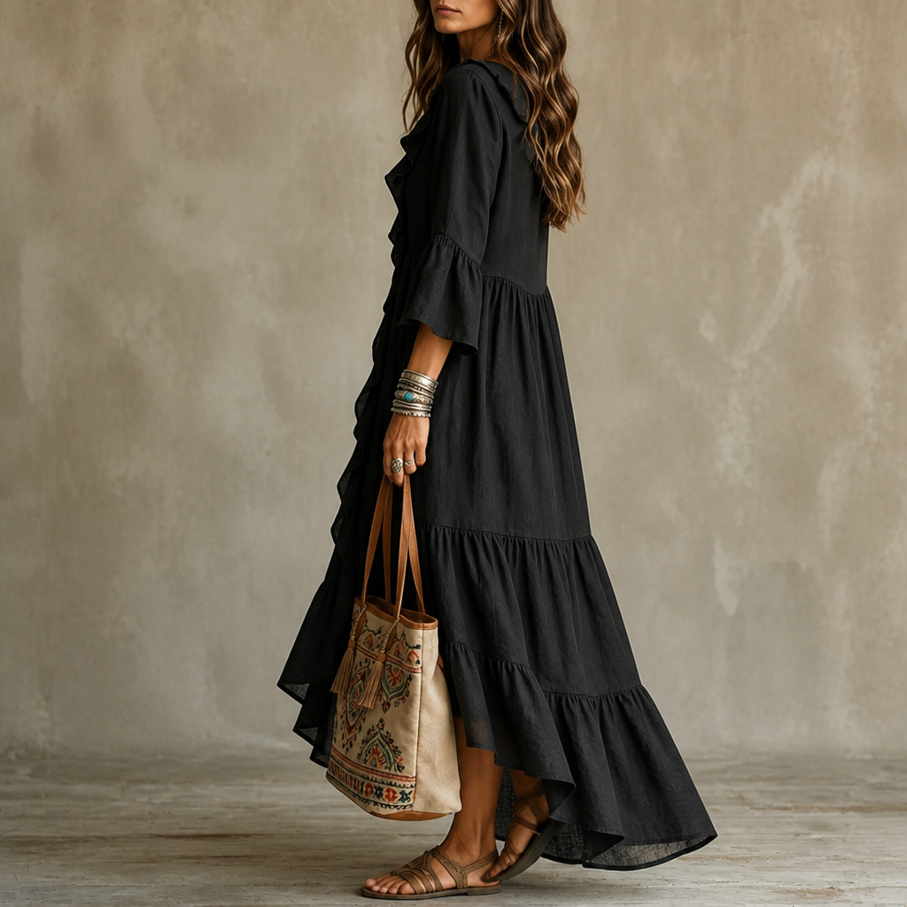Cascada – High-Low Ruffle V-Neck Bell Sleeve Dress