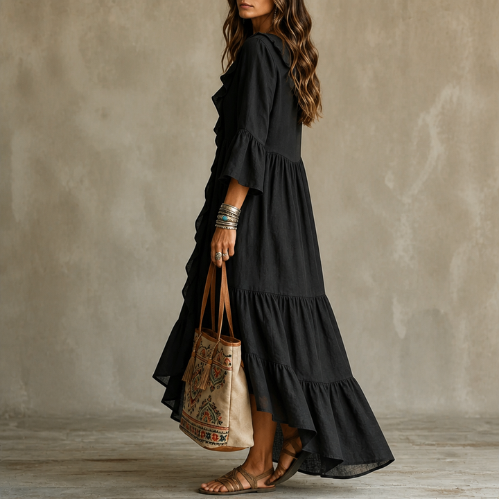 Cascada – High-Low Ruffle V-Neck Bell Sleeve Dress