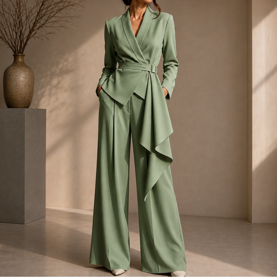 Drapevera – Buckle-Belted Wrap Blazer And Wide-Leg Trouser Set