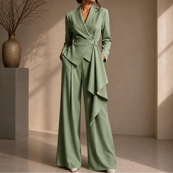 Drapevera – Buckle-Belted Wrap Blazer And Wide-Leg Trouser Set