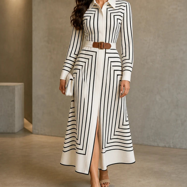 Linea Midi – Geometric Print Belted Shirt Dress