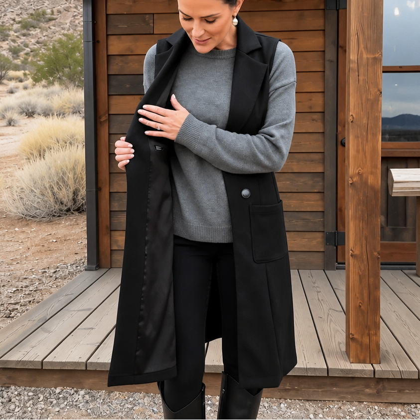 Veluna – Long Double-Breasted Suede-Look Vest