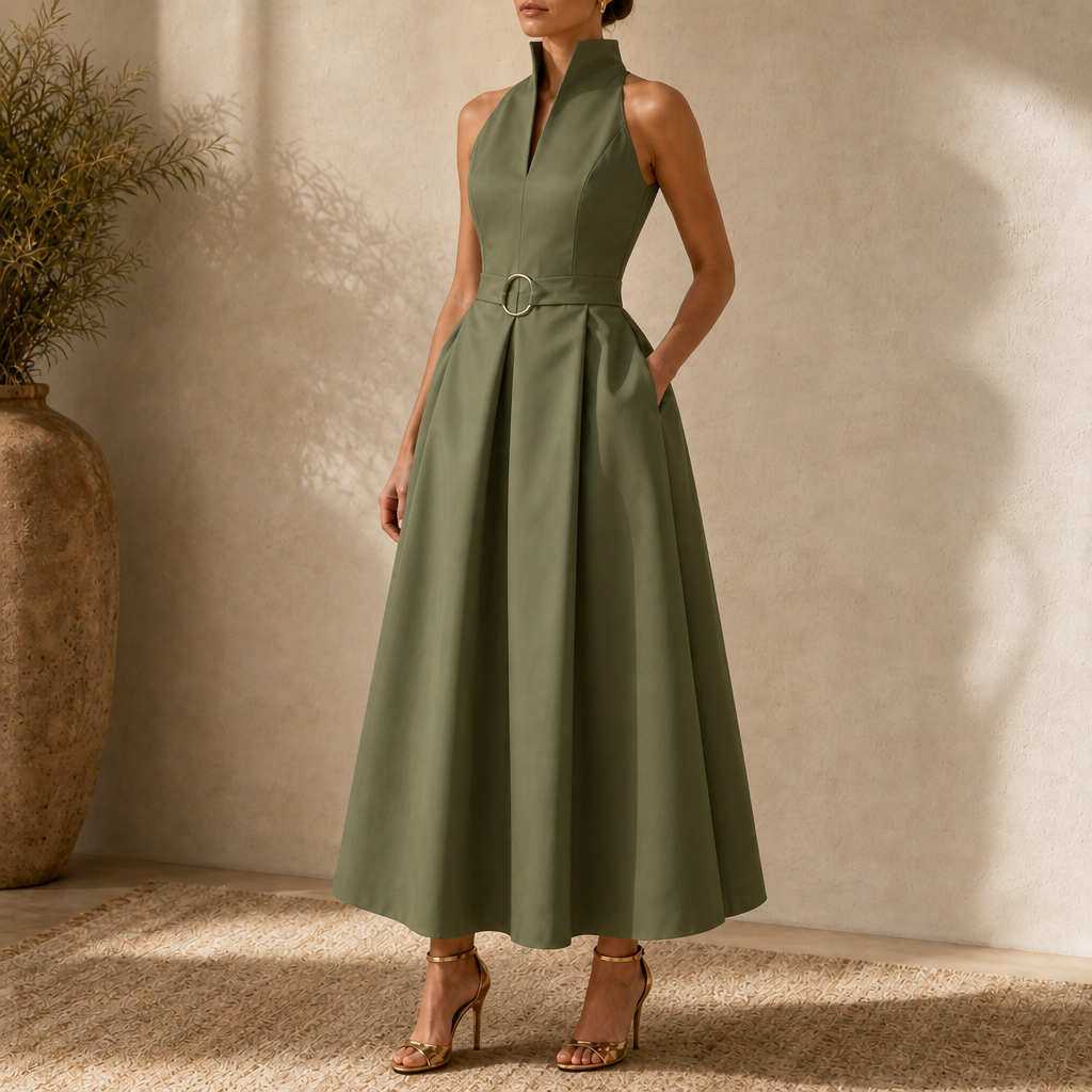 Elara Verona – Zip-Neck Stand Collar Fit-And-Flare Midi Dress