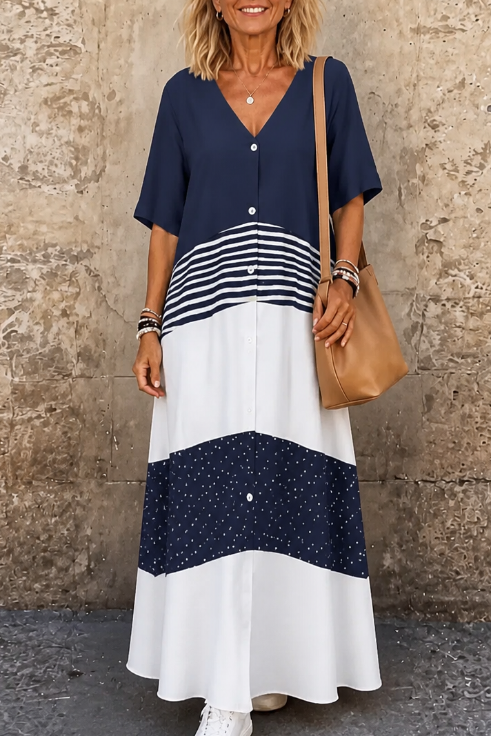 Lineluxe – V-Neck Button-Up Flowy Maxi Dress