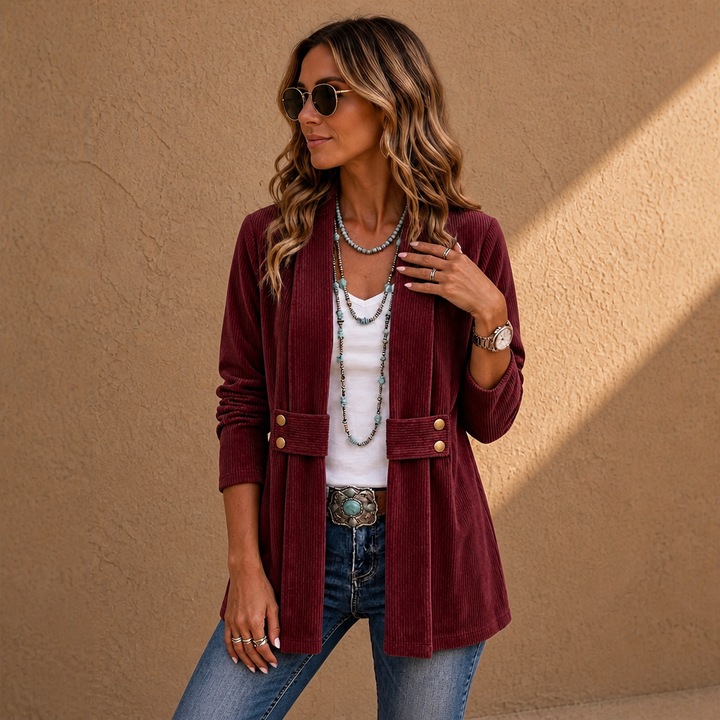 Ribvale – Open-Front Ribbed Corduroy Waist-Tab Jacket