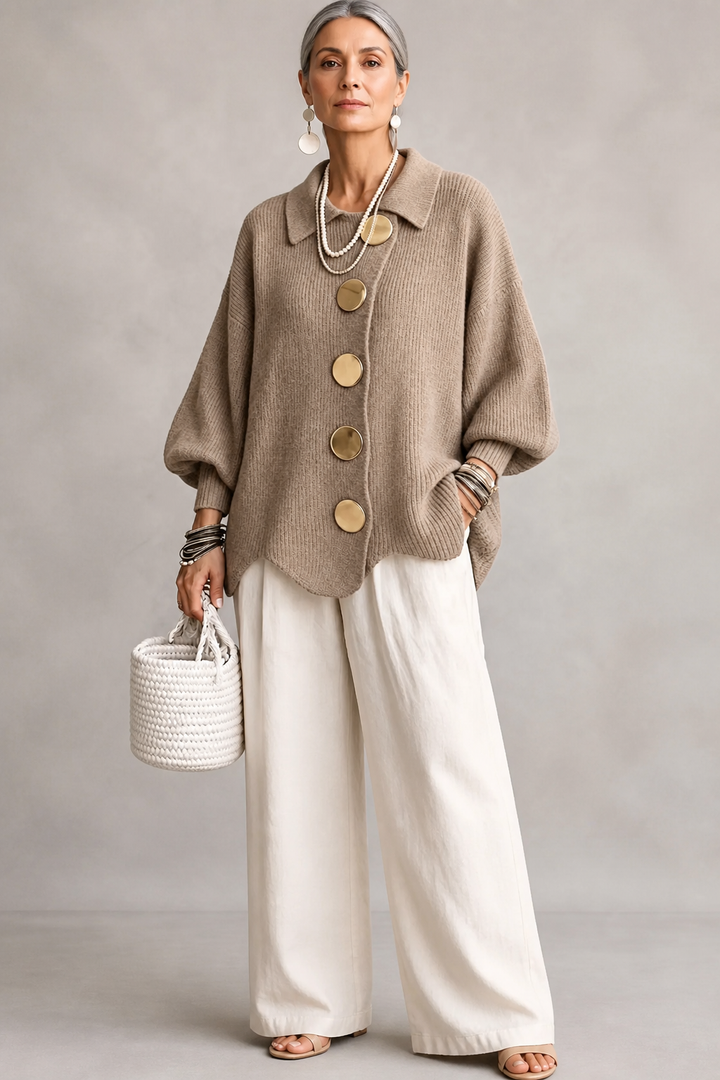 Wearbella – Oversized Scalloped-Hem Button Cardigan
