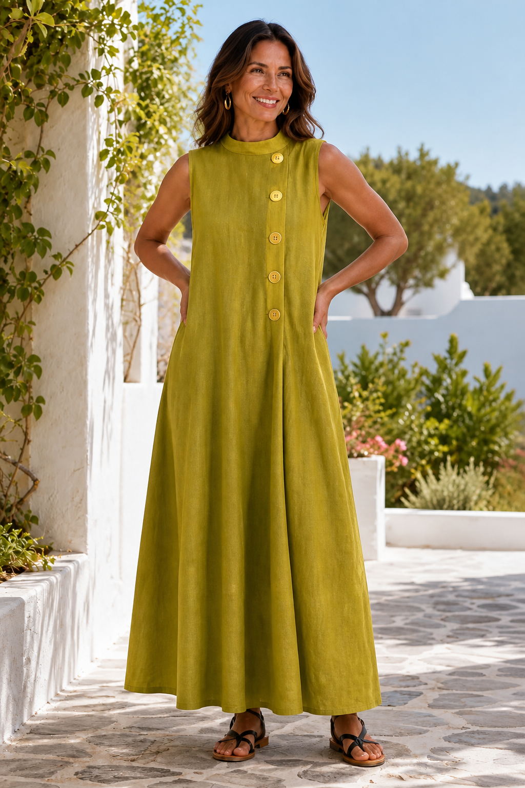 Sunvela – Full-Placket Button-Front Sleeveless Maxi Dress