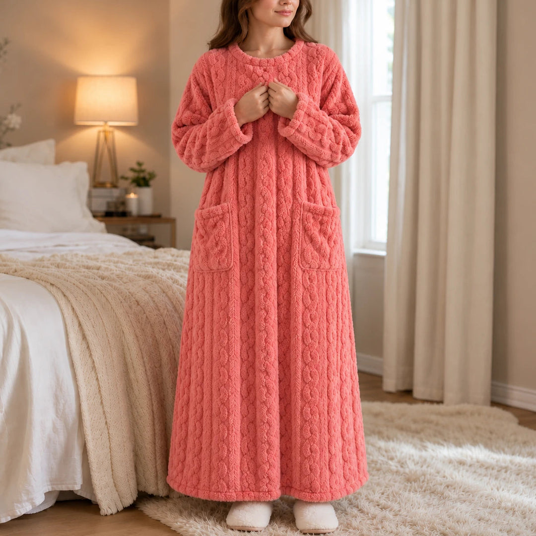 Coralhaven – Long Coral-Velvet-Look House Dress