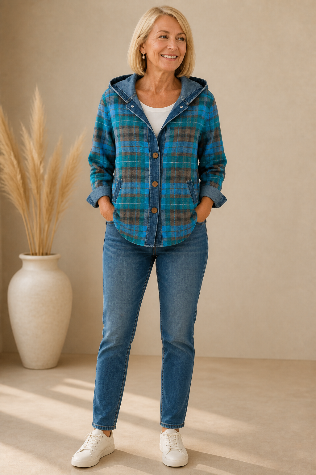 [BrandName] – Denim-Trim Hooded Knit Cardigan