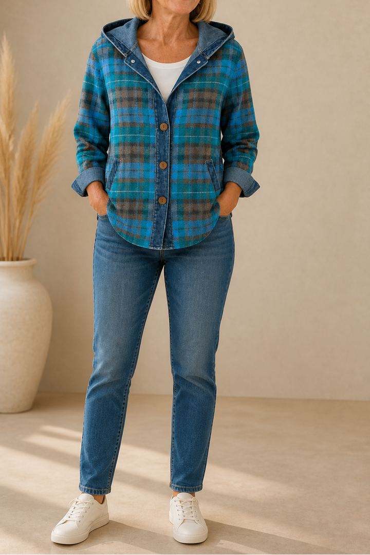 [BrandName] – Denim-Trim Hooded Knit Cardigan
