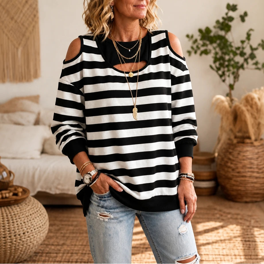 Chicora – Striped Cold-Shoulder Cutout Sweatshirt