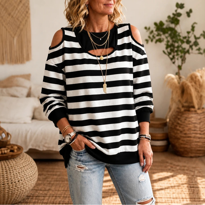 Chicora – Striped Cold-Shoulder Cutout Sweatshirt