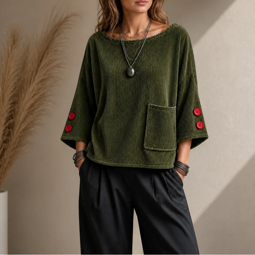 Overa – Ribbed Button-Sleeve Blouse