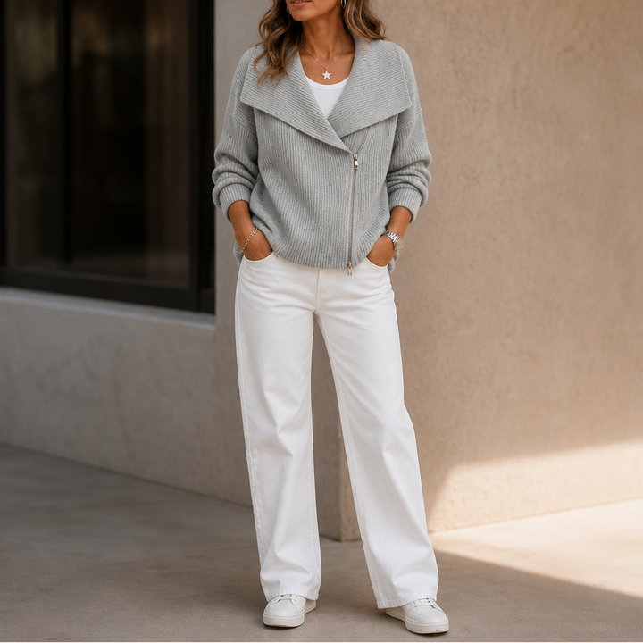 Wearbella – Diagonal Zip Oversized Collar Ribbed Knit Jacket