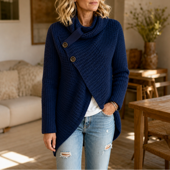Cowl & Cozy – Asymmetric Cowl-Neck Button-Side Sweater