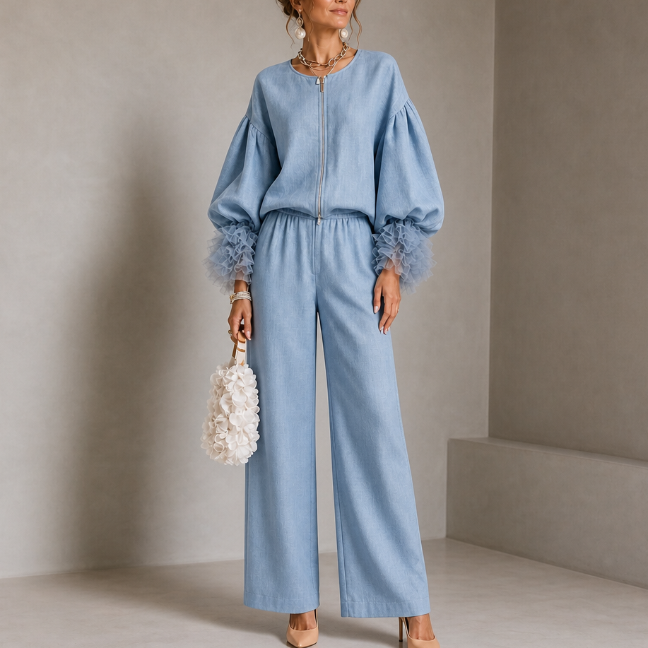 Wearlyn – Tulle-Cuff Balloon Sleeve Top And Pants Set