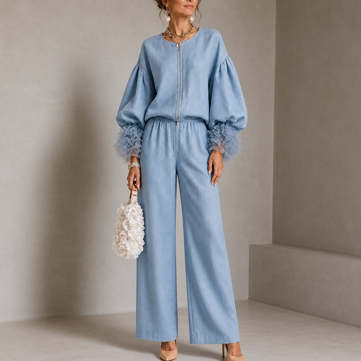 Wearlyn – Tulle-Cuff Balloon Sleeve Top And Pants Set