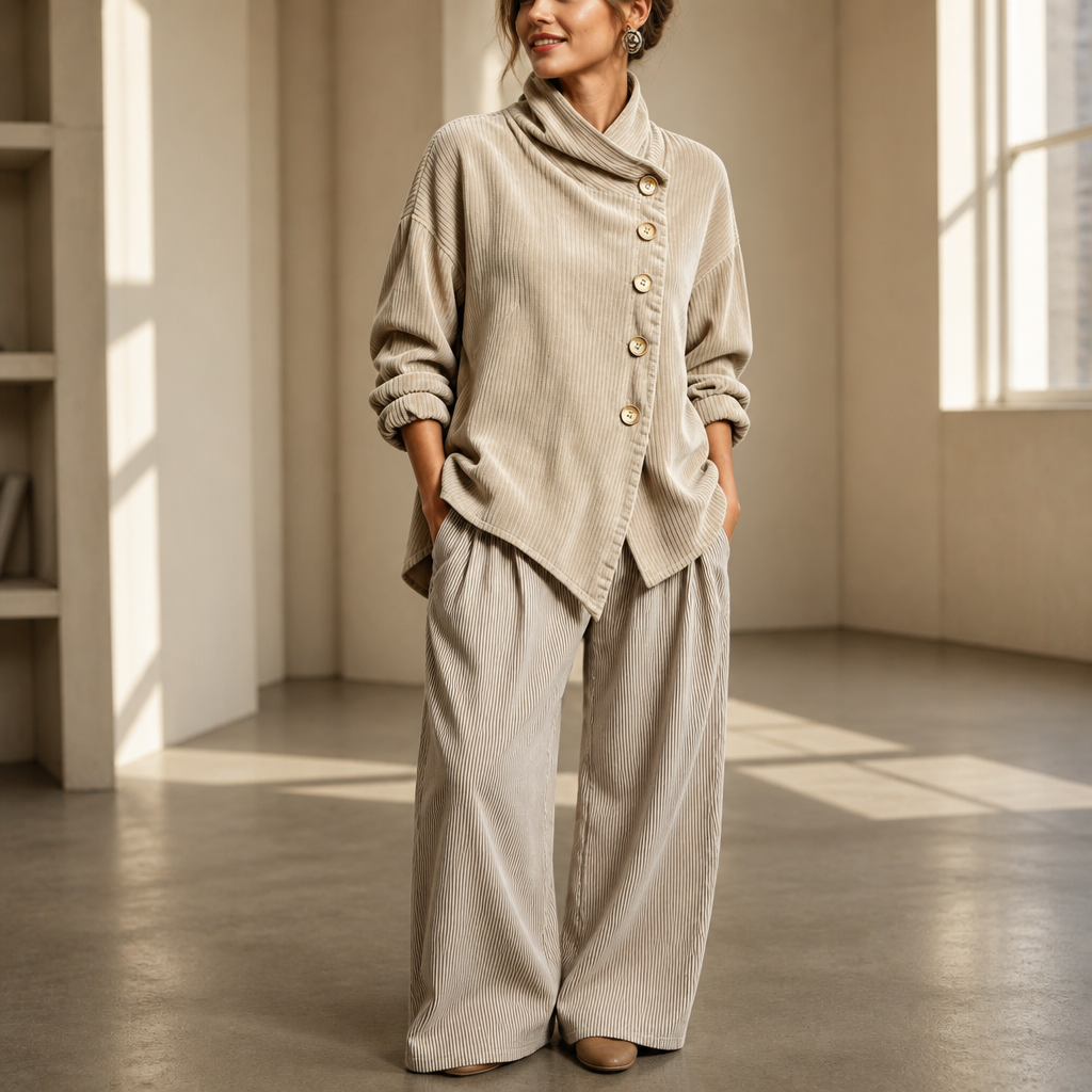 Foldover – Asymmetric Placket Funnel Neck Corduroy Top