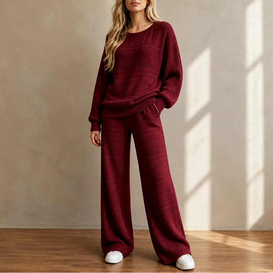 Wearbella – Ribbed Knit Top And Wide-Leg Pants Set