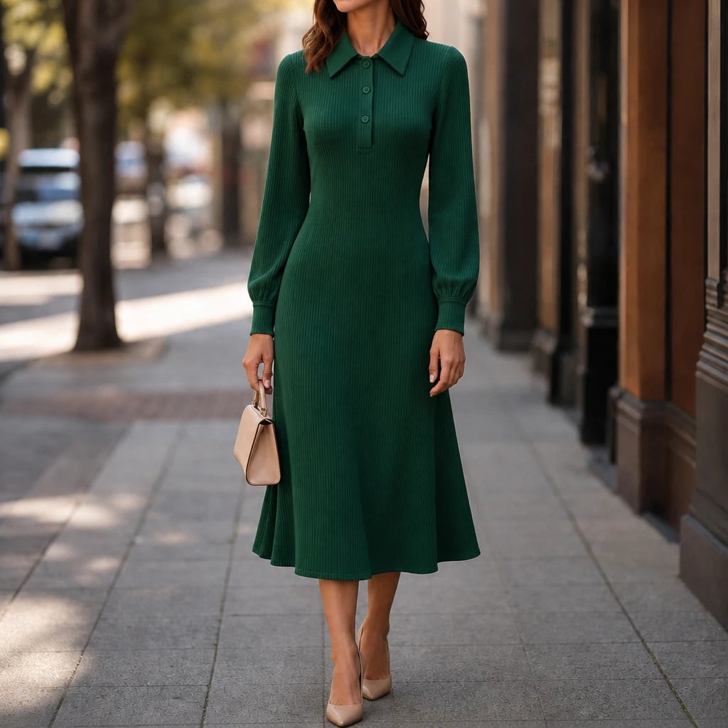 Lapella – Ribbed Knit Lapel Collar Midi Dress