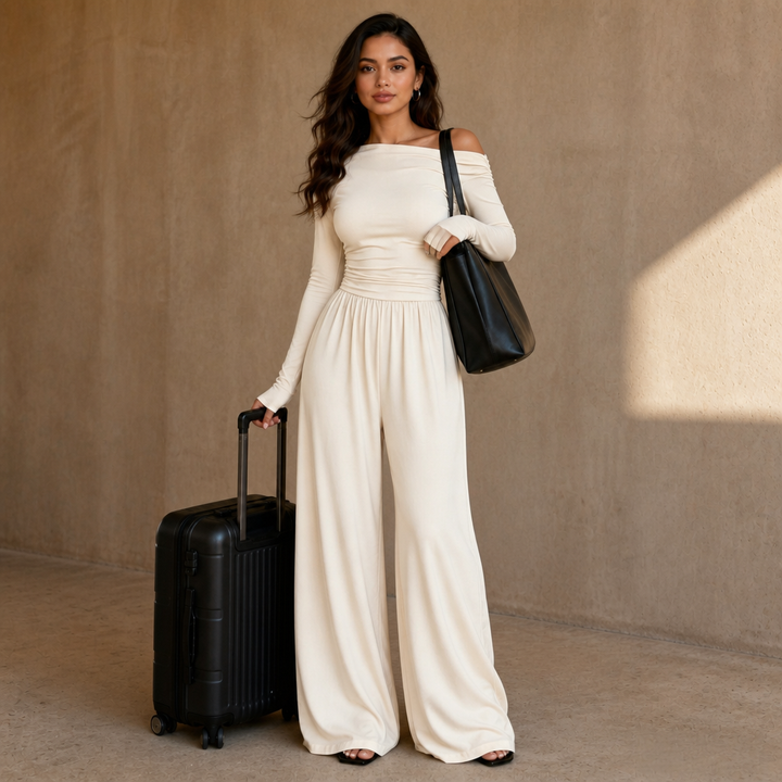 Wearbella – Off-Shoulder Ruched Wide-Leg Jumpsuit