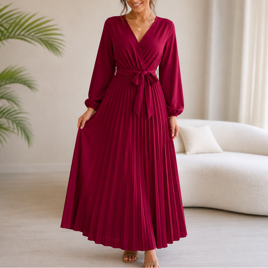 Lunavia – Pleated Wrap-Neck High-Waisted Maxi Dress